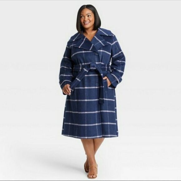 Ava & Viv Plus Size Double Breasted Wool Blend Coat Jacket Navy and Pink - Picture 2 of 5